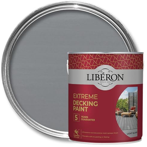 Libéron Extreme Decking Paint - 5-year Guarantee - Resists Extreme Weather - Non-slip Finish - No Undercoat Needed - Light Silver - 2.5 Litres