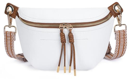 HKCLUF Gürteltasche Damen, Veganes Leder Bauchtasche Damen Stylisch Hüfttasche Umhängetasche mit 2 Riemen Cremefarben