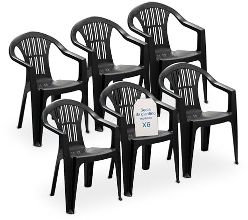 Tomaino - Sedie Da Giardino In Plastica - Set 6 Sedie Plastica Impilabili Con Braccioli - Sedia Giardino Per Esterno, Campeggio o Bar - Nero