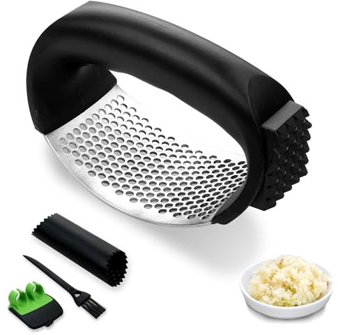 Exclusive Essentials Stainless Steel Garlic Press Rocker Set -Garlic Mincer with Meat Tenderizer Garlic Press Silicone Peeler & Cleaning Bursh- Arc Shape Design Garlic Crusher with Comfortable Grip