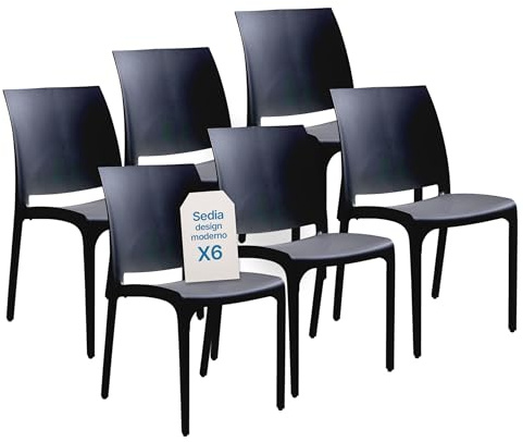 Tomaino - Sedia in Plastica Da Cucina - Set 6 Sedie Plastica Impilabili Con Braccioli Per Esterno e Interno - Sedie per Giardino, Soggiorno, Balcone o Bar - Nero
