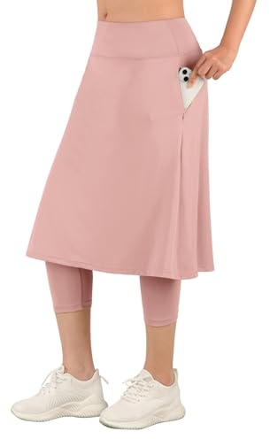 ANIVIVO Women Long Knee Length Skirt with Capris Leggings,Skirted Leggings with High Waisted Zipper Pockets, Light Pink, L