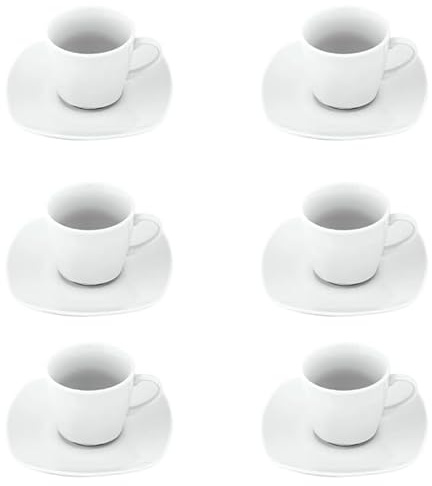 Villa Altachiara, Tazzine Da Caffè, Bicchierini, Set Da 6, Tazzine 80 Ml + Piattini, In Porcellana, Tazzina Particolare E Moderna, Adatte A Microonde E Lavastoviglie, Linea Bianco Quadrato