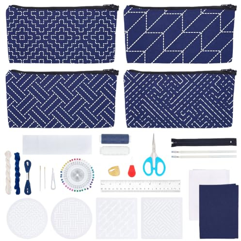 FREEBLOSS Sashiko - Juego de 4 bolsas para manualidades, con plantilla de PET para principiantes, decoración del hogar amigable, ideas de regalos
