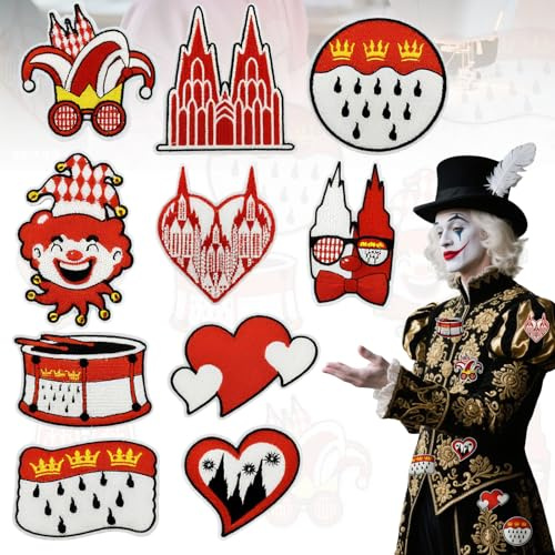 10 Pezzi Immagini Da Stiro, Carnevale Di Colonia, Patch Di Ferro Bambini, Toppe Per Pantaloni Bambini, Toppe Termoadesive Bambini, Colore Rosso e Bianco, Per Carnevale, Per Cucire o Stirare