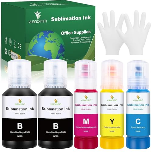 YUANQIMM Sublimationstinte Multipack Kompatibel für Epson E102 E104 ET-2810 ET-2820 ET-2830 ET-4810 ET-2815 ET-2850 ET-2856 ET2870 Drucker für Heat Transfer T-Shirts Becher Keramik 5Pk