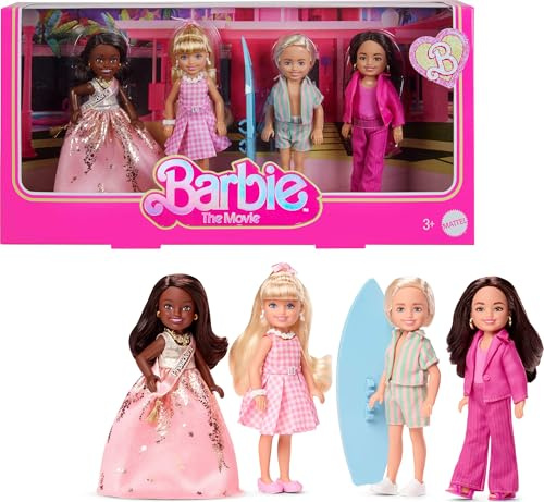 Barbie La película Chelsea Pack de 4 muñecos coleccionables, Incluye, Ken, presidenta y Gloria con Conjuntos Intercambiables, JBH77