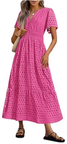 Summer Maxi Dresses for Women UK Wedding Guest Dress Short Sleeve Casual Boho V Neck Hollow Out Eyelet Ruffle Swing A Line Cotton Long Flowy Beach Vacation Evening Dresses Hot Pink