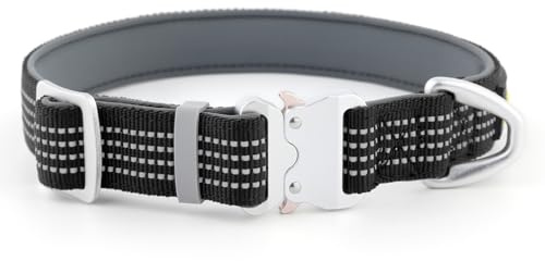 Plutus Reflekterande hundhalsband för husdjur med flygande aluminiumspänne, neopren vadderad för komfort, lätt, slitstarkt nylonhalsband för valp små medelstora hundar (svart, S)