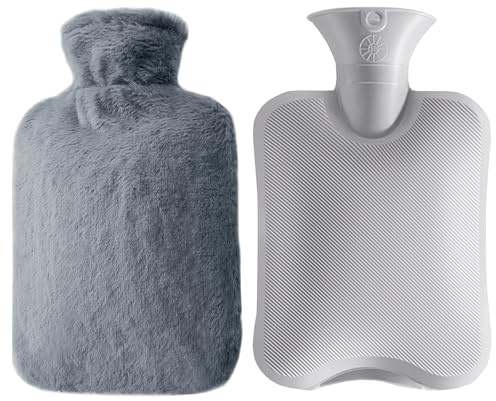 SHUOHONG Borsa Acqua Calda con Copertura Peluche, 2L Borsa Dell'acqua Calda di Gomma Naturale, Bottiglia di Acqua Calda Grande, Boule Acqua Calda per Calore Invernale Mano Caldo (Grigio)