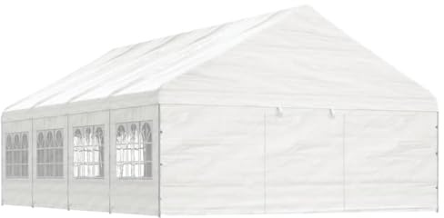 Gazebo da Giardino con Tetto in Polietilene, Struttura in Acciaio Zincato, 10 Pareti Laterali e 2 Ingressi, Gazebo Campeggio e Spiaggia, Tenda per Feste, Bianco, 8.92x5.88x3.75 m