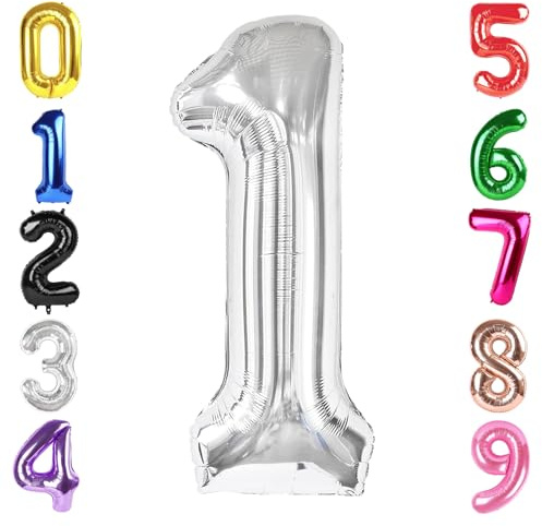 40 Inch Silver Number 1 Balloon, Giant Number 1 Balloons for 11th 12th 21st Birthday Decorations, Party Supplies for Baby Boy Girl, Silver Party Decor​​