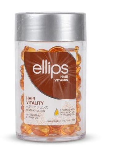 Ellips Vitamine Cheveux Vitalité | Sérum Capillaire Protection Chaleur | Huile d'Argan, Ginseng & Miel | 50 Capsules pour Cheveux Secs et Abîmés