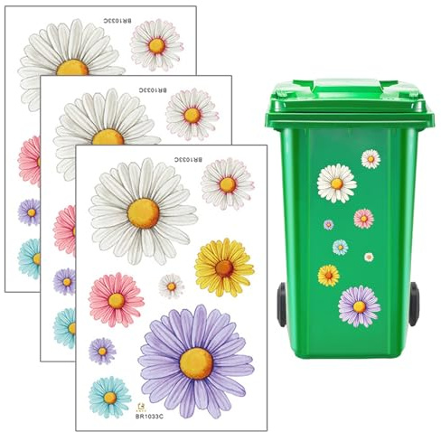 Daisy Wheelie Bin Stickers,3 Sheets Flower Bin Stickers Self Adhesive Waterproof Dustbin Labels,Decorative Daisy Stickers for Wheelie Bins,Fridge,Wall and Household Decoration,Colourful Floral Decal