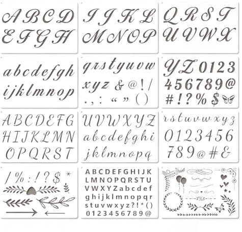 Quorumsg 12 stycken bokstäver och siffror stenciler, 21 x 14 cm PET-målarstenciler, återanvändbara bokstavsstencils set på 1,5-15 cm bokstäver, för Scrapbooking Ritning Graffiti Skriva