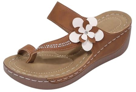 Sandales Femme Été Tendance Motif Fleur Découpé Séparateur Orteils Plage Look Décontracté (Brown, 37)