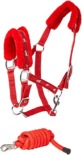 Cwell Equine NEW Horse print fur padded headcollars halter + matching lead RED Choice of Sizes (COB)