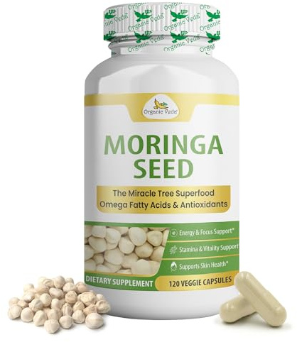 Organic Veda Moringa Seed Capsules - Omega 3, 6, 9, Antioxidants, Vitamins, Amino Protein Rich Organic Moringa Capsule - The Miracle Tree Vitality, Energy & Focus Supplement for Men & Women, 120 ct