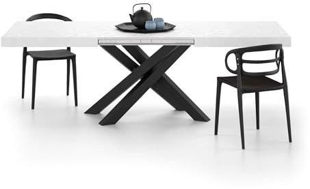 MOBILI FIVER, Table Extensible Emma 160(240) x90 cm, Blanc Béton avec Pieds Croisés Noirs, pour 6-10 Personnes, Table Extensible pour Cuisine, Salon, Made in Italy