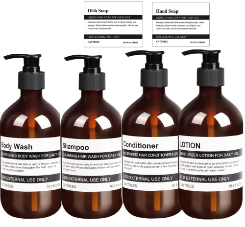 CATTREES 4 Pack Amber Soap Dispenser Bottle For Bathroom,16oz Empty Plastic Soap Dispenser Bottle with Pump& 6 Waterproof Labels For Shampoo Conditioner and Shower Gel Dispenser,Hand Dish Soap,Lotion.