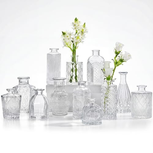 Glass Bud Vases Set of 12, Small Vases for Flowers, Clear Bud Vases in Bulk for Centerpieces Mini Vintage Vase for Rustic Home Wedding Table Decorations