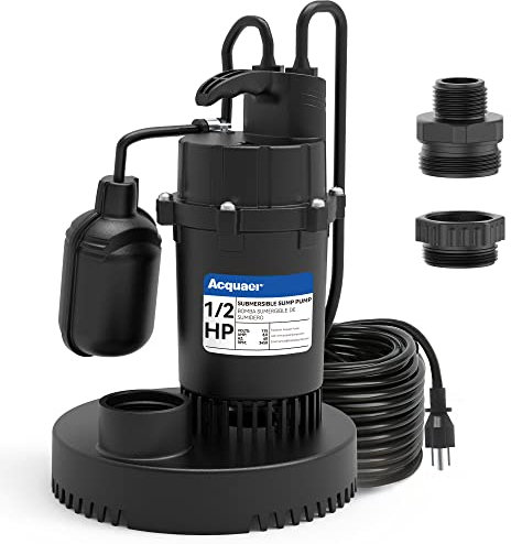 Acquaer Bomba de sumidero de 1/2 HP, bomba sumergible de agua limpia/sucia 4060 GPH con interruptor de flotador ajustable para jardín, piscina, sótano, casa inundada, tina de hidromasaje y riego,
