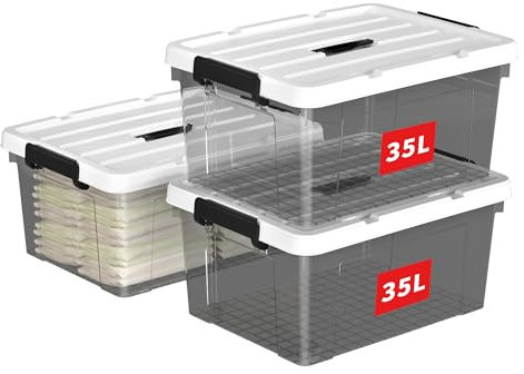 Cetomo 35L*3 Scatole di Stoccaggio in Plastica, Scatole Portaoggetti con Coperchio, Organizzatore con Manico, Contenitori per Casa e Ufficio, Impilabile, Resistente, Nero Chiaro, 35L - Confezione da 3
