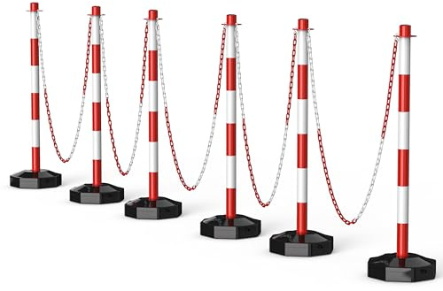 SIMAZO 6 Pack Traffic Delineator Post Cones with Fillable Base, Adjustable Plastic Safety Barrier Outdoor and Indoor Crowd Control Stanchion with 5Ft Plastic Chain for Delineator Poles (Red+White)