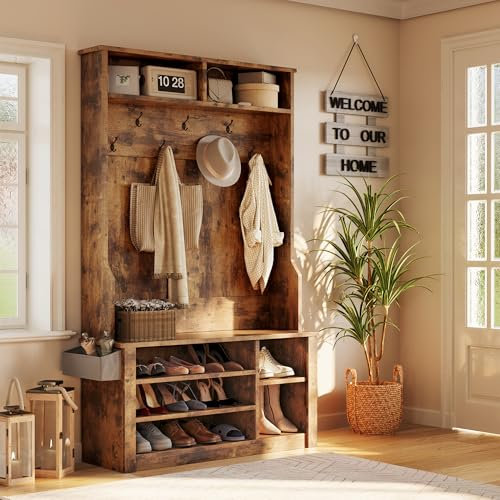 Aiho Entryway Hall Tree with Bench and Storage, 3-in-1 Hall Tree with Coat Rack, Adjustable Shoe Bench, 2-Tier top Storage, for Hallway, Entryway, Bedroom, Rustic Brown