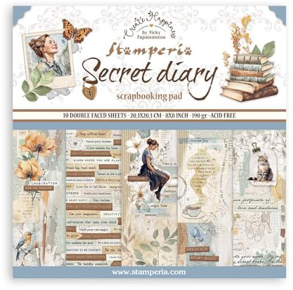 Stamperia - Scrapbook Paper Pad for Scrapbooking, Albums, Card Making, Bullet Journalling, and More, Acid Free, Double-Sided, Perfect for Hobbies, Crafts, and Gifting (Secret Diary) (20.3 x 20.3cm)