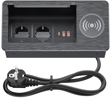 Sänkbart uttag USB C PD20W, BQO aluminium inbyggt uttag infällbart 2 fack med USB, bordsskiva försänkt uttag för bänkskiva kök kontor 250 V/16A, 2 m kabel (svart)