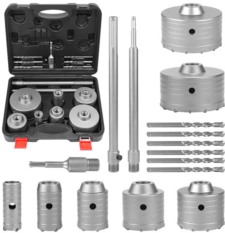EXLECO 16 pcs Carotatrice Muro set Carotatrice a Tazza per Muro Sega a Tazza Fresa a Tazza, 7 Punte Cave 30 40 50 65 80 100 110mm con 100mm 300mm SDS Plus & SDS Max 6 Punta Centraggio