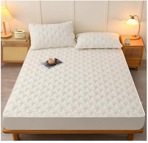 Spannbettlaken Boxspringbett 135x200cm Baumwolle Polyester mit 2 Kopfkissenbezug, Spannbetttücher Beige Weiß Einfarbig Wasserdicht Bettlaken Matratzenhöhe bis 25cm