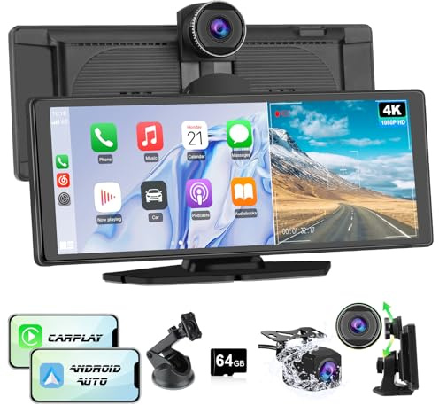 Hexinex Pantalla Carplay para Coche con CarPlay/Android Auto Inalámbrico, Pantalla Táctil de 10.26 Pulgadas Portátil con Dashcam 4K/Cámara Trasera de HD 1080P/Control por Voz/Bluetooth/Mirror Link