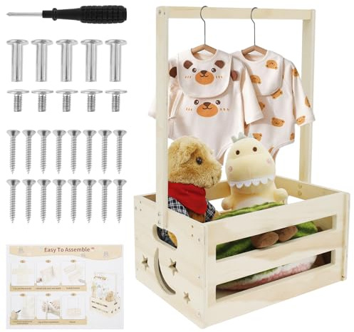 Babykorg i trä, present med handtag, babyparty, skåp, presentkorg, nyfödd babyshower, tvättkorg för födelsedagar, babyfester, jul, nya föräldrar (C)