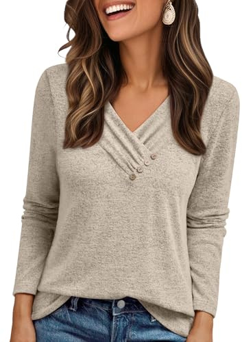 AUTOMET Womens Long Sleeve Top Fall Outfits V Neck Sweaters Button Shirts 2026 Lightweight Dressy Casual Business Tunic Blouses Trendy Cute Sweatshirt Winter Clothes Fashion Clothing Khaki XL