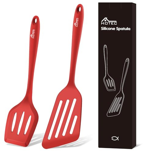 Hotec spatel för stekpanna, värmebeständig silikon slitsad spatel BPA-fri, diskmaskinssäkert kökshjälpmedel, köksutrustning, gymnastikare, non-stick spatel för matlagning, bakning, flip, 2 stycken, R