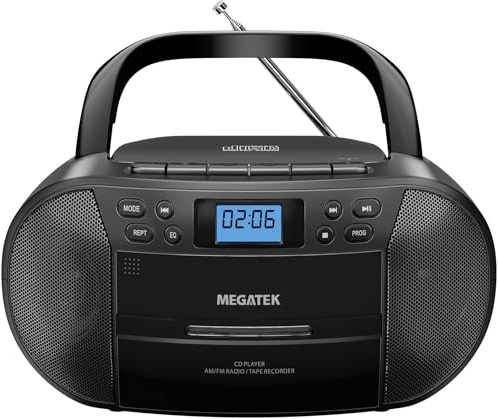 MEGATEK CBR510 Portable CD/Cassette Player Boombox with Bluetooth, AM/FM Radio, USB Playback, AUX Input, Headphone Jack, LCD Display, AC/Battery Powered Stereo System for Home