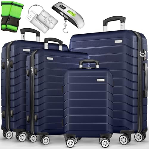 tillvex® Juego de 4 Maletas de Viaje + báscula para Equipaje, 4 Correas para Maletas y 4 Etiquetas para Maletas | Set de Maletas de Viaje con 4 Ruedas | Maleta con candado TSA (Azul Marino)