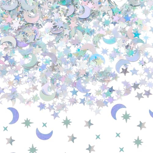 Star Moon Confetti,Holographic Glitter Sequins for Crafts Ready Confetti Back to School Star Sequin Galaxy Iridescent Table Foil Moon Stars for Wedding Festival Party Decorations DIY (Silver)