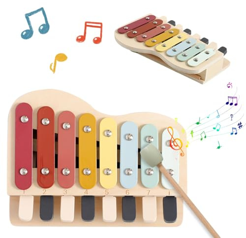 let's make Kinder Xylophon und Klavier in Einem, Glockenspiel Holzspielzeug, Baby Musikinstrumente ab 1 Jahr, Pädagogische Spielzeug mit 8 Tönen, Musikinstrumente für Kinder ab 1 Jahr
