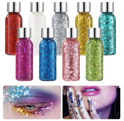 9 Bottle Paillettes Visage,Body Glitter Gel avec cuillère, 9 couleurs, pour le maquillage du visage, des ongles et des cheveux, parfaits pour Noël, les bals masqués, les fêtes et le carnaval