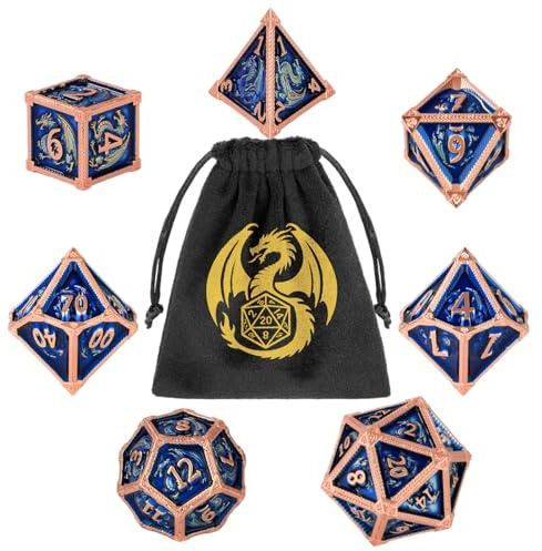Lot de Dés en Métal DND, 7 Dés Polyédriques en Métal, Accessoires pour Jeux de Rôle, Jeux de Société, Cadeaux D&D avec Sac Cadeau, D20, D12, 2 D10 (00-90 et 0-9), D8, D6 et D4, Cuivre Rouge + Bleu