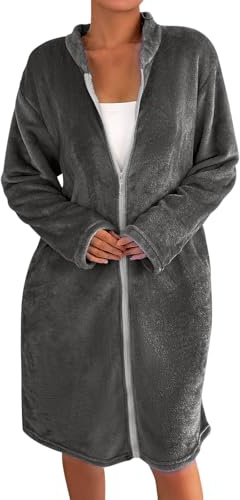 YOSUWOAI Bata para mujer, mullida, bata monocolor, con cremallera, ropa de dormir, para otoño e invierno, bata de sauna, de franela, bata de baño cálida, O gris., XL