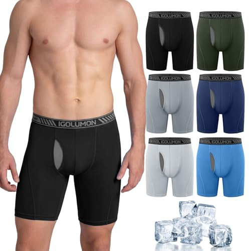 Mens Long Leg Boxers Shorts Anti Chafing Underwear Trunks Multipack | Cooling Breathable Mesh Boxers with Fly, No Itchy Labels Underpants for Sports Gym Running, 6 Pack