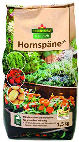 Florissa Natürlich BIO Hornspäne plus Hautpellets Langzeitdünger mit hohem Stickstoffanteil | für aktives Bodenleben und gesundes Wachstum | 1,5 kg für 30 m² | 5 kg für 100 m²