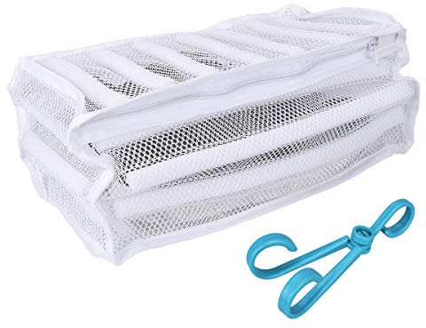 LegendTech 2 Stück Wäschenetz für Schuhe/Sneaker - mit Reißverschluss, 2Schuhhaken - 19x36x19cm - Waschbeutel für Sportschuhe Schuhe Mesh Bag Laundry Schuhe Waschen Tasche, Weiß