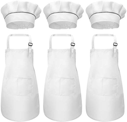 6Pcs Tablier Enfant et Chapeau de Chef Set, Tabliers de Chef avec Poches, Filles Garçons Réglables Tabliers de Cuisine Jardin, Bambin Tabliers de Cuisson pour Peinture l'artisanat (7-13 Ans)