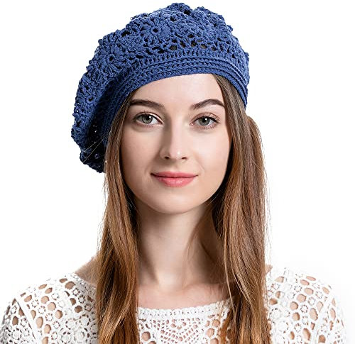 ZLYC Damen Baumwolle Häkelmütze Barette Handgemacht Retro Aushöhlen Strickmütze Frühling Sommer Leicht Elegant Baskenmützen (Marineblau),Gr.Einheitsgröße