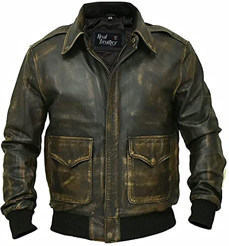 Mens A2 Leather Jacket WWII Air Force Flight Pilot Aviator Vintage Distressed Brown Bomber Leather Outerwear, Large (Down)